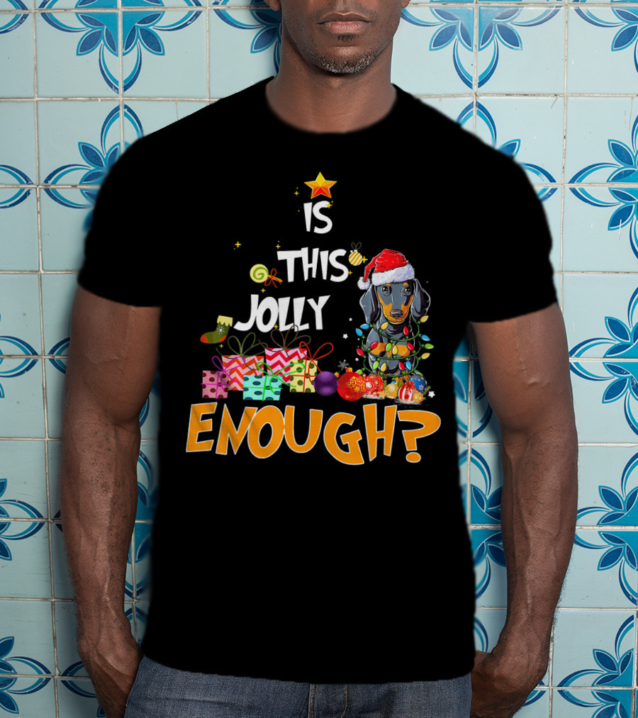 Is This Jolly Enough Dachshund Christmas Lights Santa Hat Gifts T-Shirt