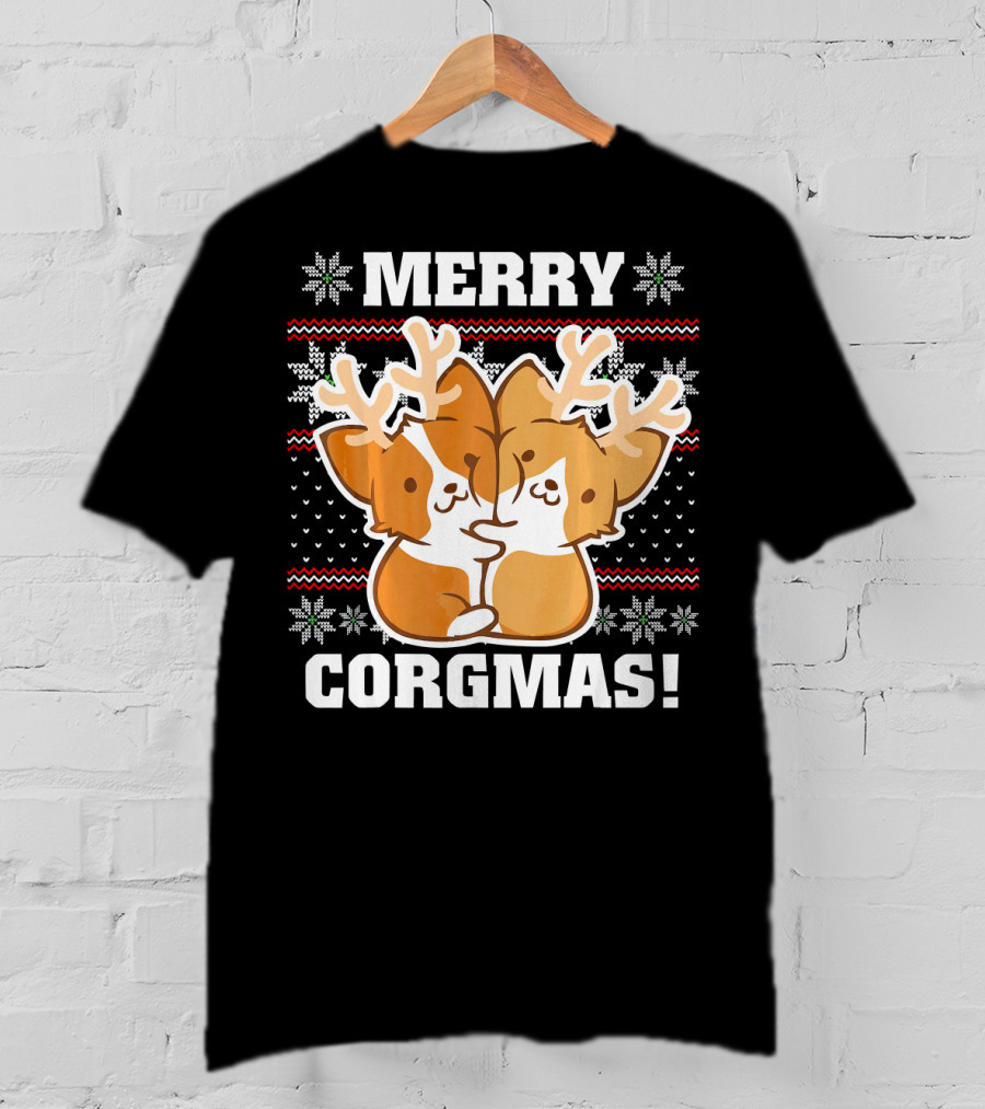 Merry Corgmas Ugly Christmas Sweater With Cute Corgis And Reindeer Antlers T-Shirt