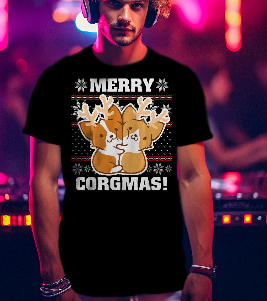 Merry Corgmas Ugly Christmas Sweater With Cute Corgis And Reindeer Antlers T-Shirt