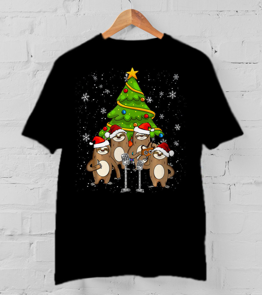 Santa Sloths Singing Festive Cheer Around Christmas Tree T-Shirt