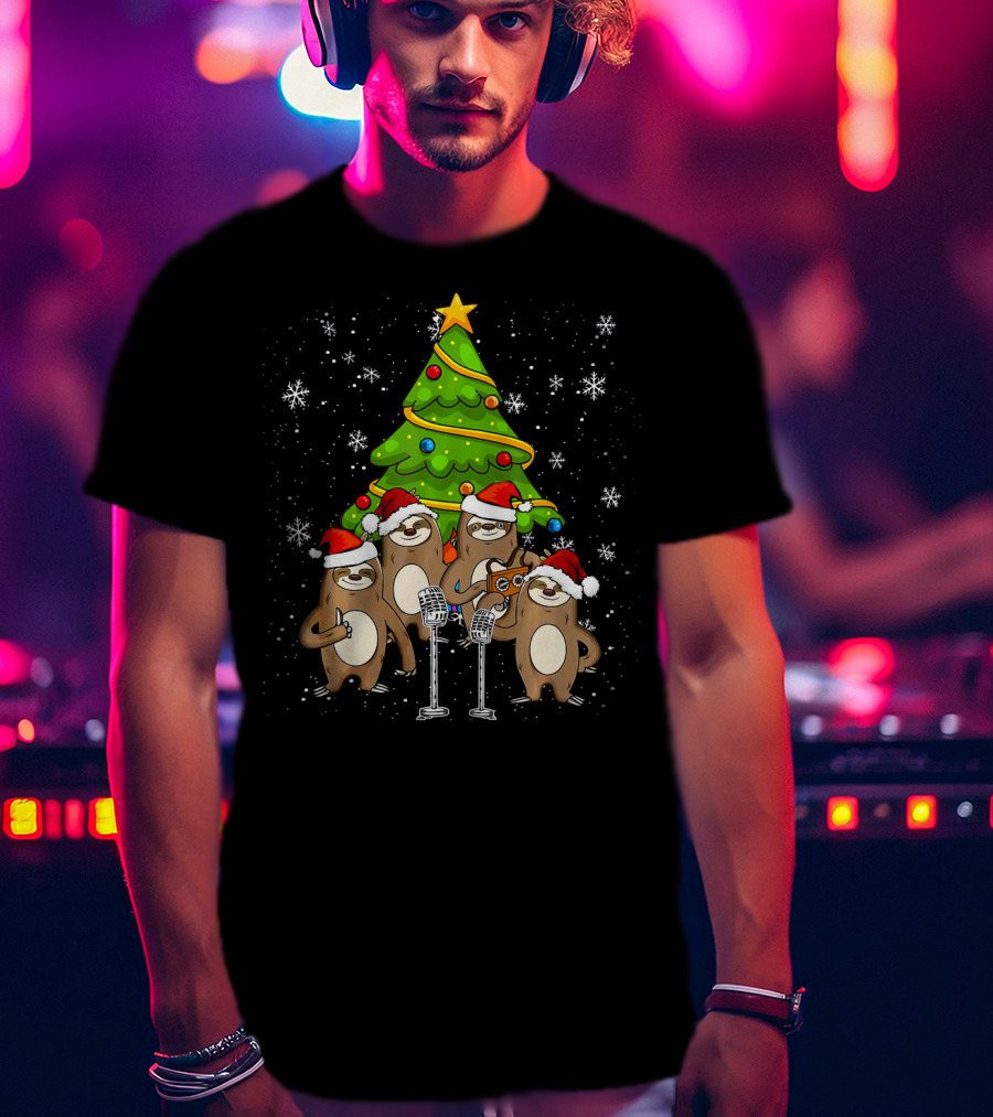 Santa Sloths Singing Festive Cheer Around Christmas Tree T-Shirt