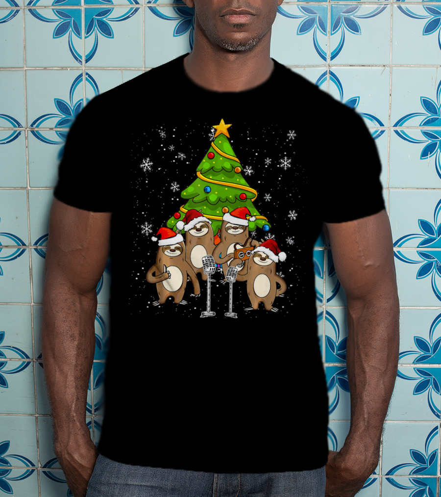 Santa Sloths Singing Festive Cheer Around Christmas Tree T-Shirt