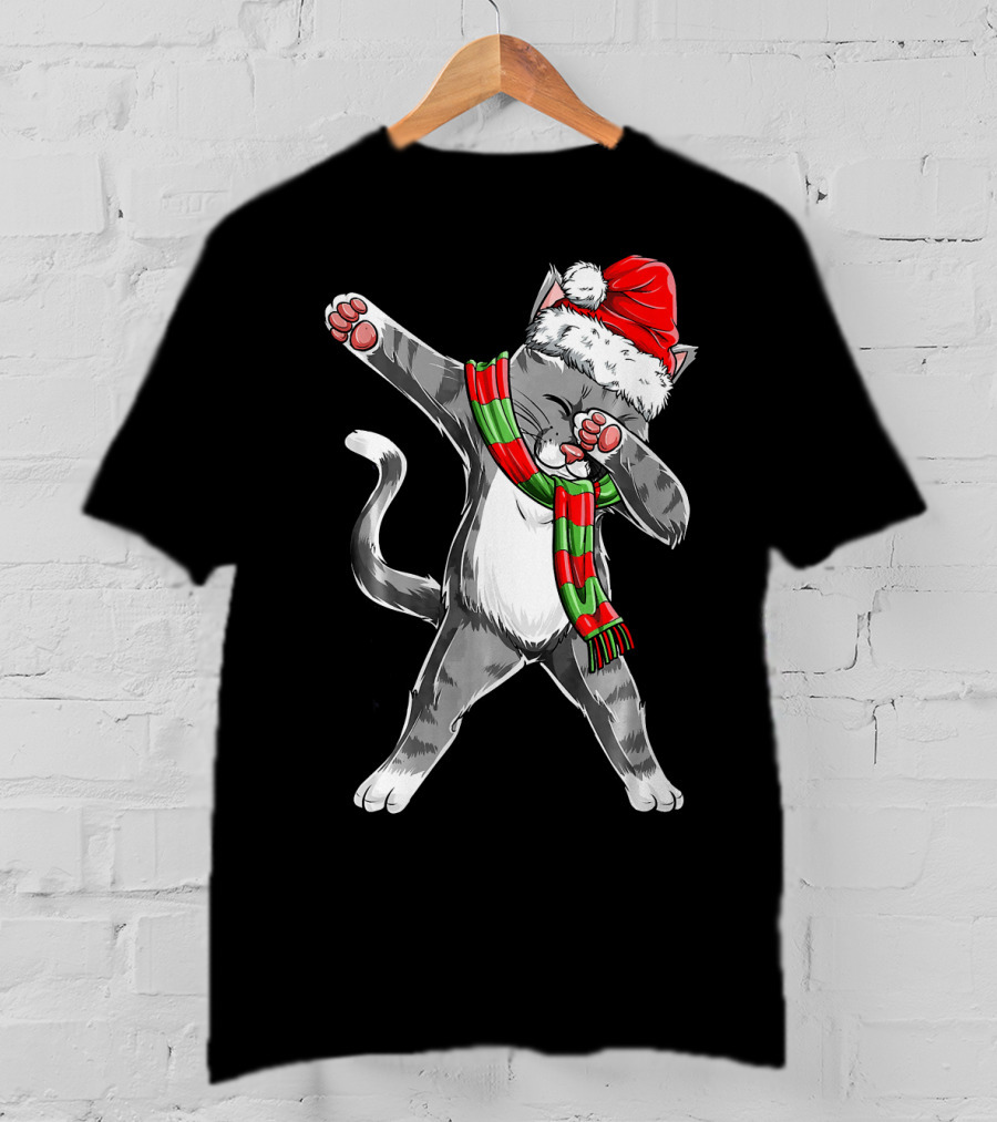 Dabbing Cat Santa Christmas Kids Bo Kitty Santa Hat Green Red Scarf T-Shirt
