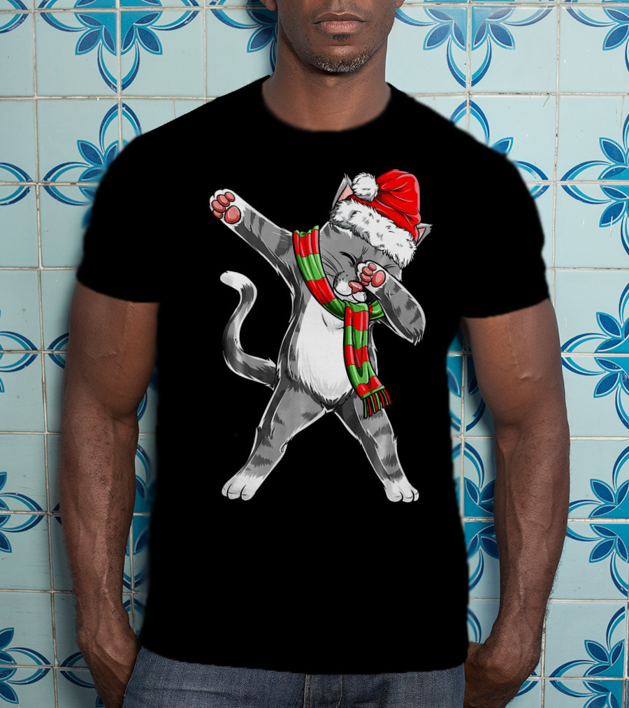Dabbing Cat Santa Christmas Kids Bo Kitty Santa Hat Green Red Scarf T-Shirt