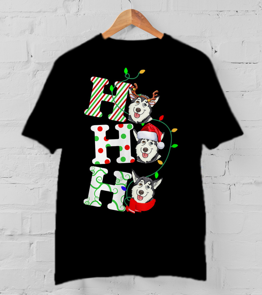 Ho Ho Ho Husky Santa Hat Reindeer Antlers Christmas Lights T-Shirt