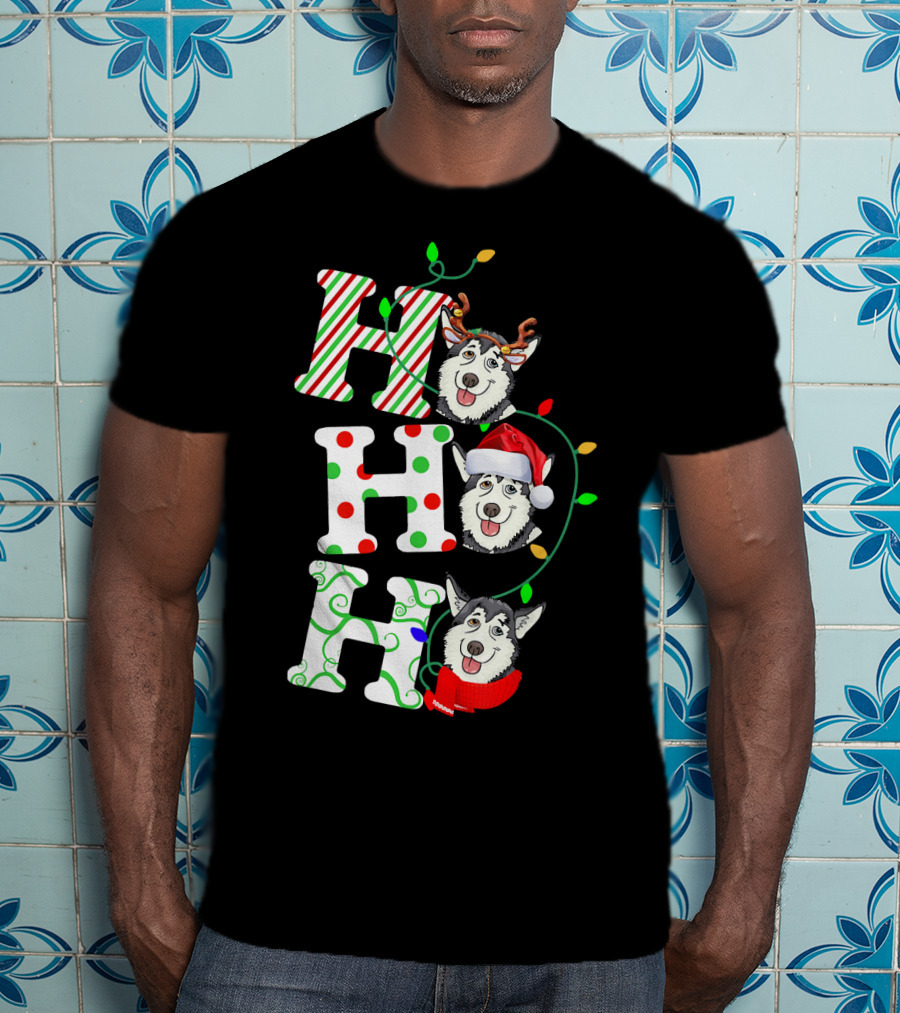 Ho Ho Ho Husky Santa Hat Reindeer Antlers Christmas Lights T-Shirt
