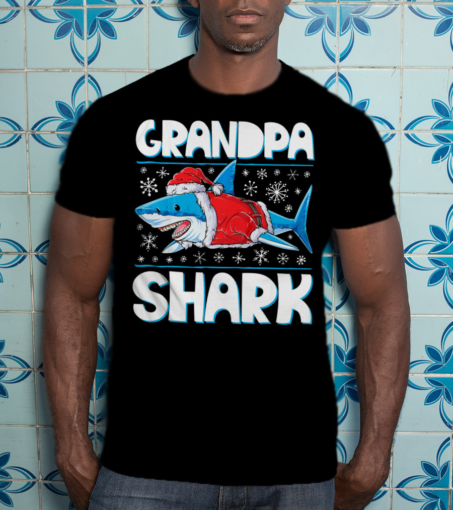 Grandpa Shark In Santa Hat With Snowflakes T-Shirt