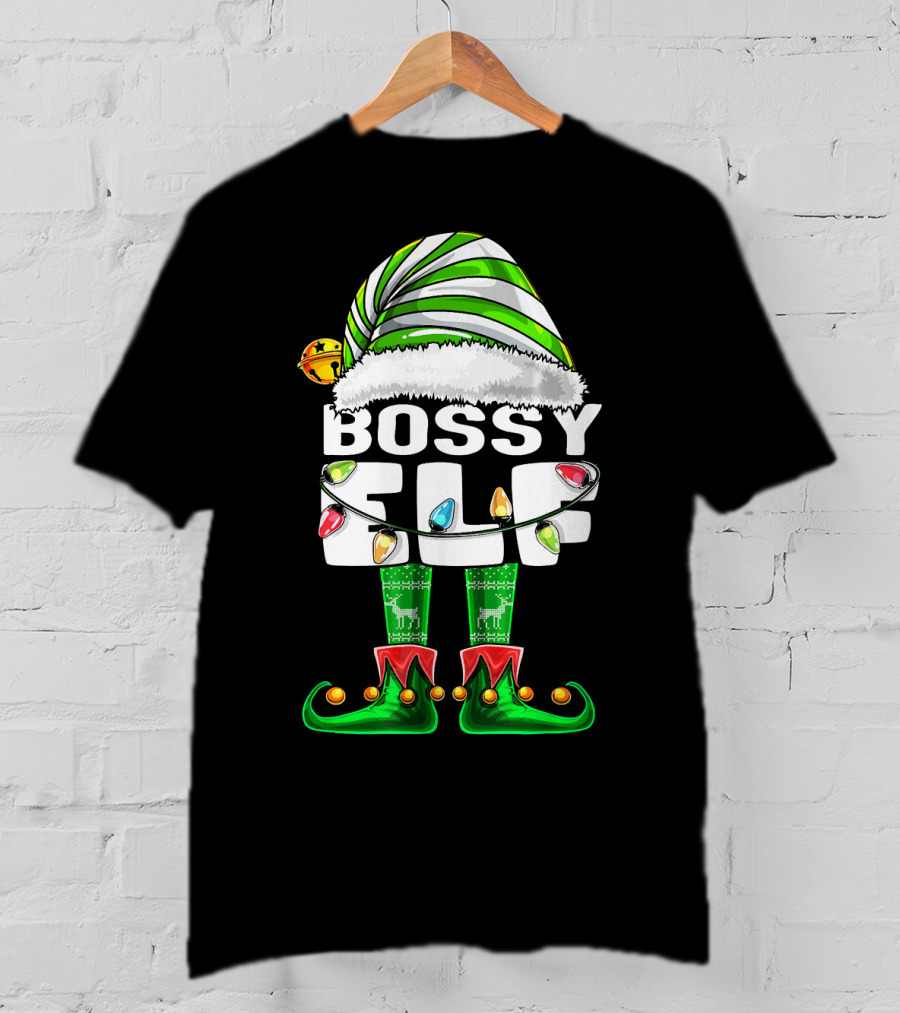 Bossy Elf Christmas Family Matching With Hat And Lights T-Shirt