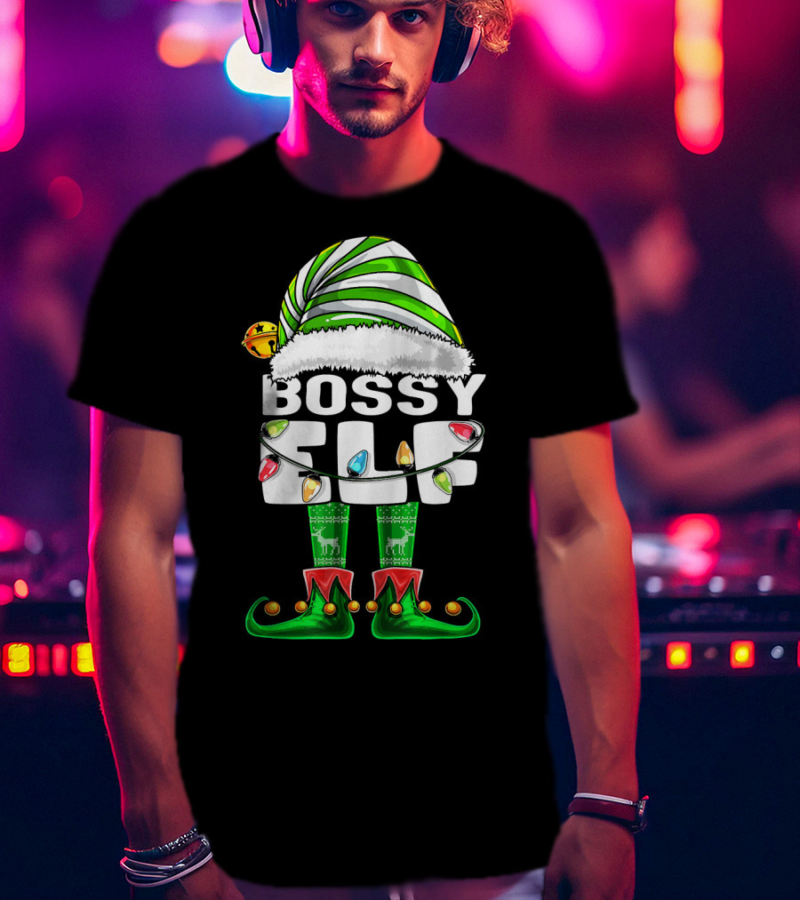 Bossy Elf Christmas Family Matching With Hat And Lights T-Shirt