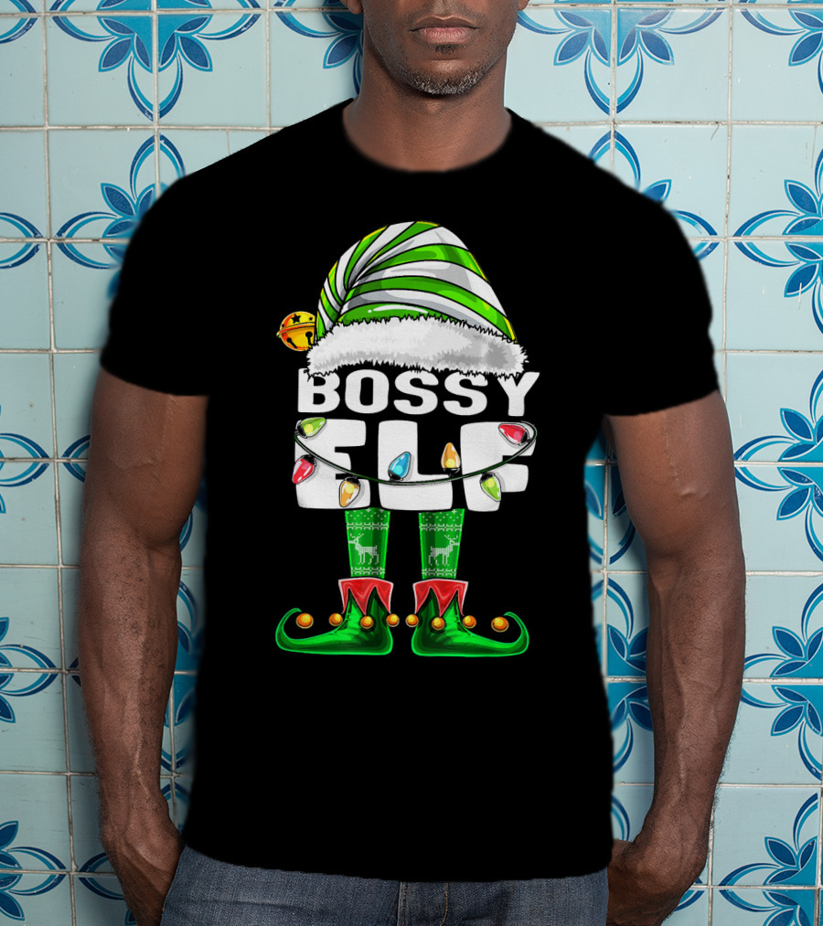 Bossy Elf Christmas Family Matching With Hat And Lights T-Shirt