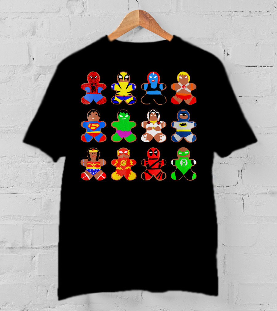 Superhero Gingerbread Man Spider-Man Wolverine Mystique Iron Man Superman Hulk Wonder Woman Flash Deadpool Batman Green Lantern T-Shirt