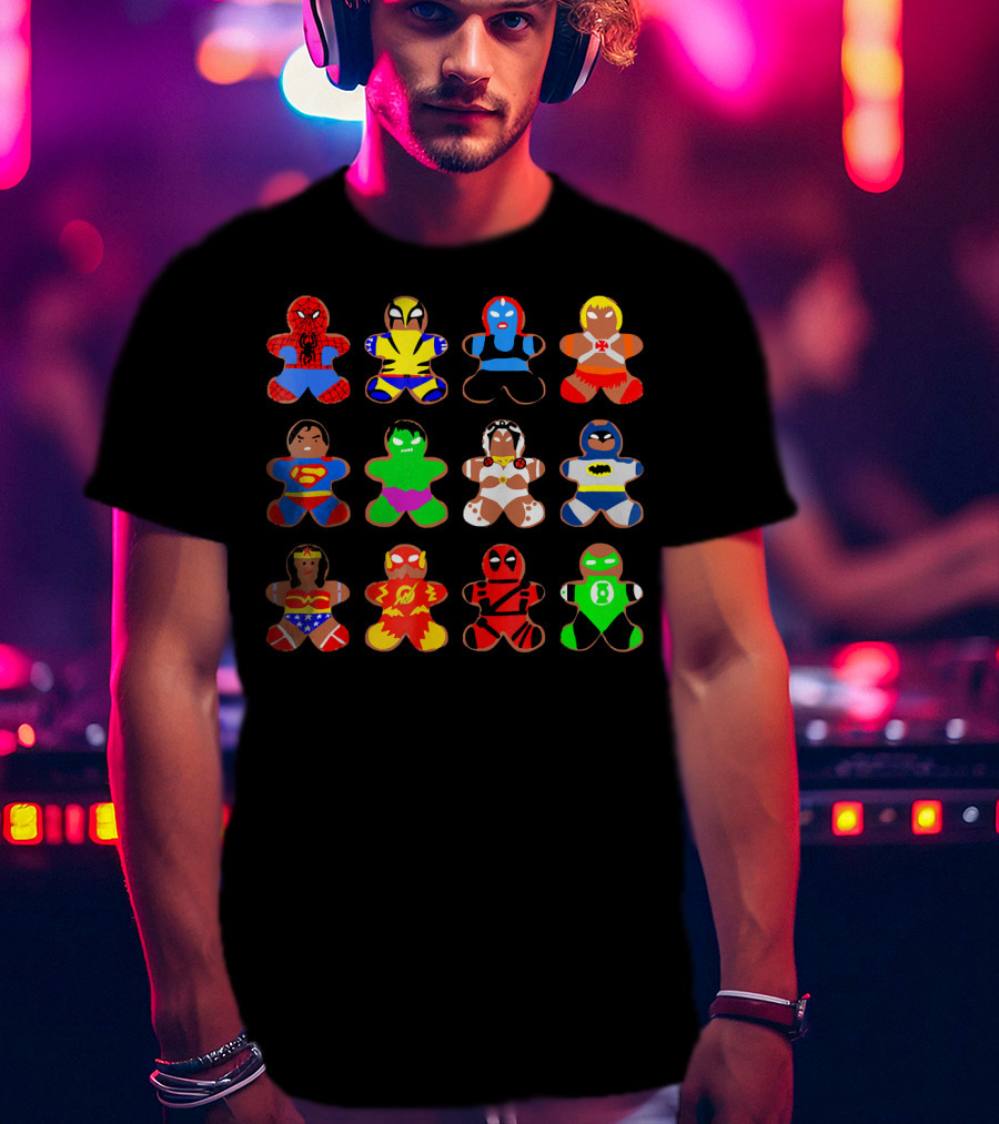 Superhero Gingerbread Man Spider-Man Wolverine Mystique Iron Man Superman Hulk Wonder Woman Flash Deadpool Batman Green Lantern T-Shirt