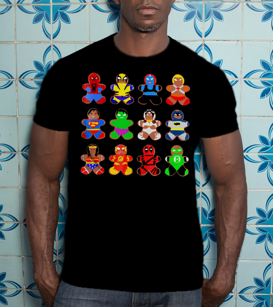 Superhero Gingerbread Man Spider-Man Wolverine Mystique Iron Man Superman Hulk Wonder Woman Flash Deadpool Batman Green Lantern T-Shirt