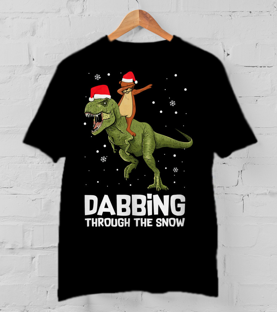 Dabbing Through The Snow Otter Rides Dinosaur Santa Hats T-Shirt