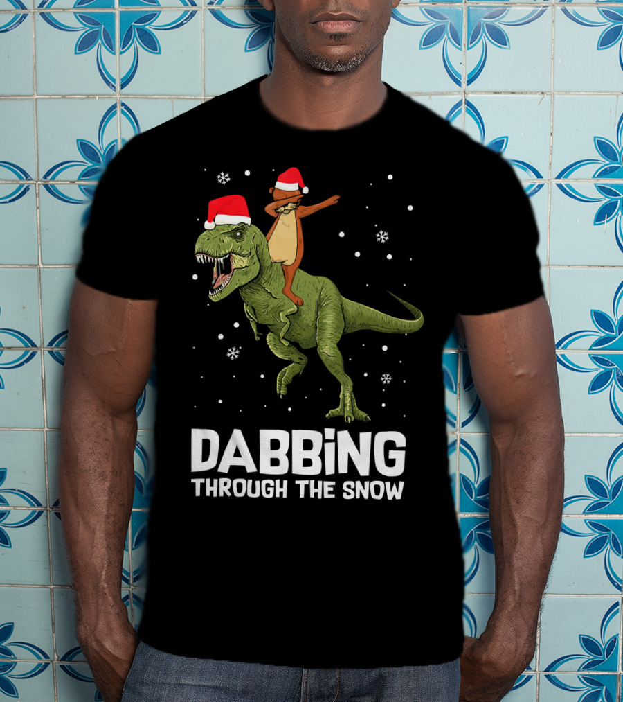 Dabbing Through The Snow Otter Rides Dinosaur Santa Hats T-Shirt