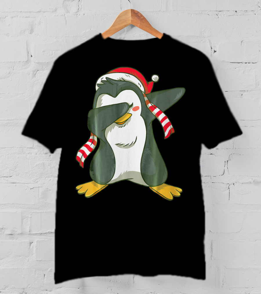 Dabbing Penguin In Santa Hat With Striped Scarf T-Shirt