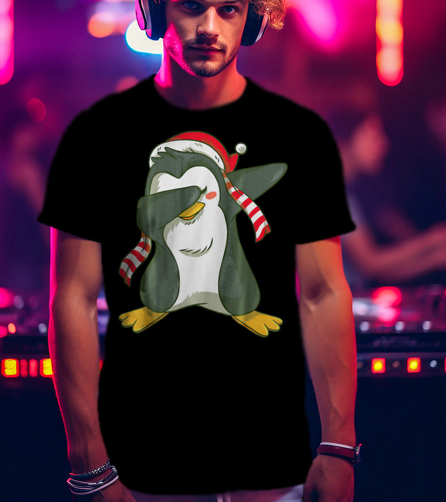 Dabbing Penguin In Santa Hat With Striped Scarf T-Shirt