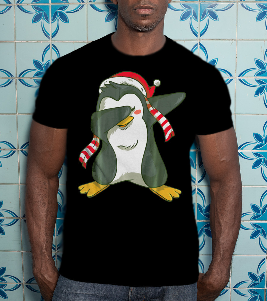Dabbing Penguin In Santa Hat With Striped Scarf T-Shirt