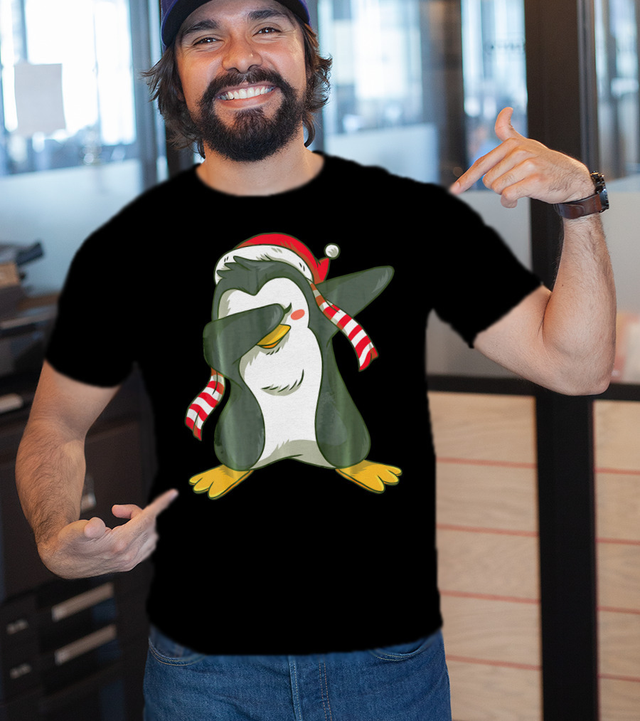 Dabbing Penguin In Santa Hat With Striped Scarf T-Shirt
