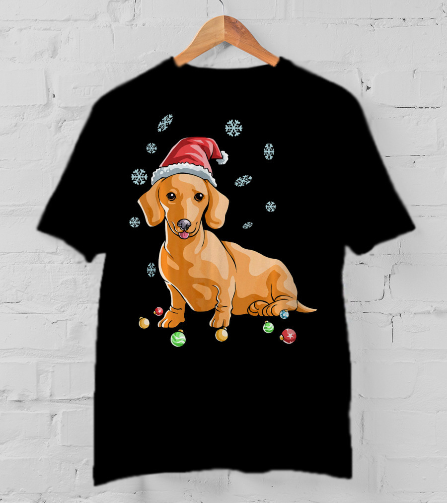 Wiener Dog Dachshund Puppy Santa Hat Snowflakes Holiday T-Shirt