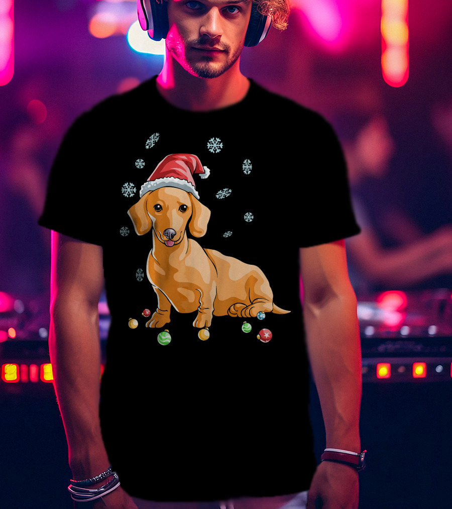 Wiener Dog Dachshund Puppy Santa Hat Snowflakes Holiday T-Shirt