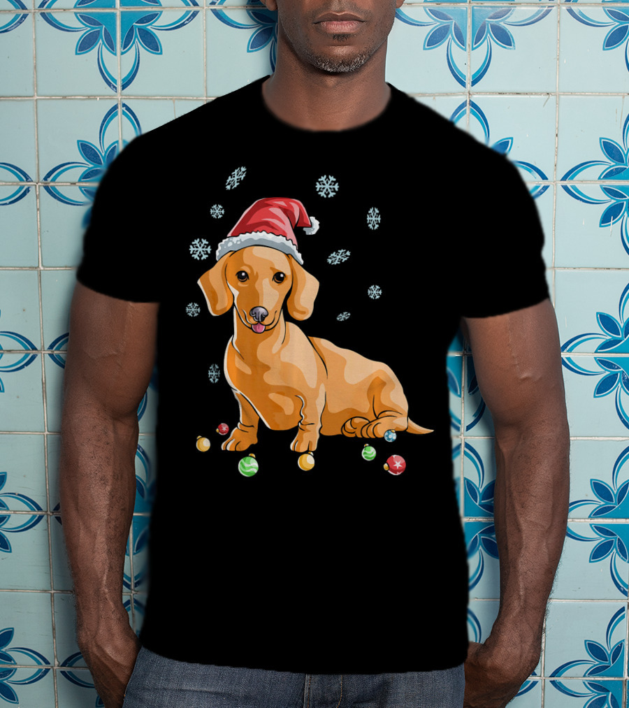 Wiener Dog Dachshund Puppy Santa Hat Snowflakes Holiday T-Shirt