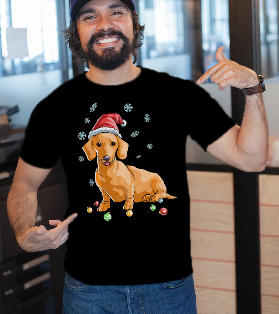 Wiener Dog Dachshund Puppy Santa Hat Snowflakes Holiday T-Shirt