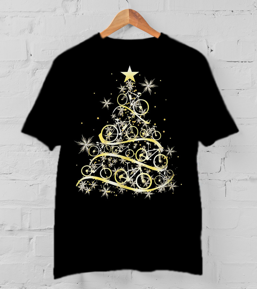 Bicycle Tree Christmas Biker Bike Festive Holiday Star T-Shirt