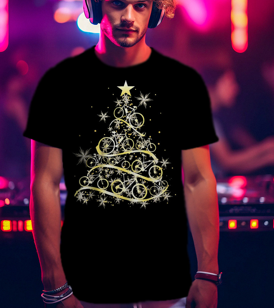 Bicycle Tree Christmas Biker Bike Festive Holiday Star T-Shirt