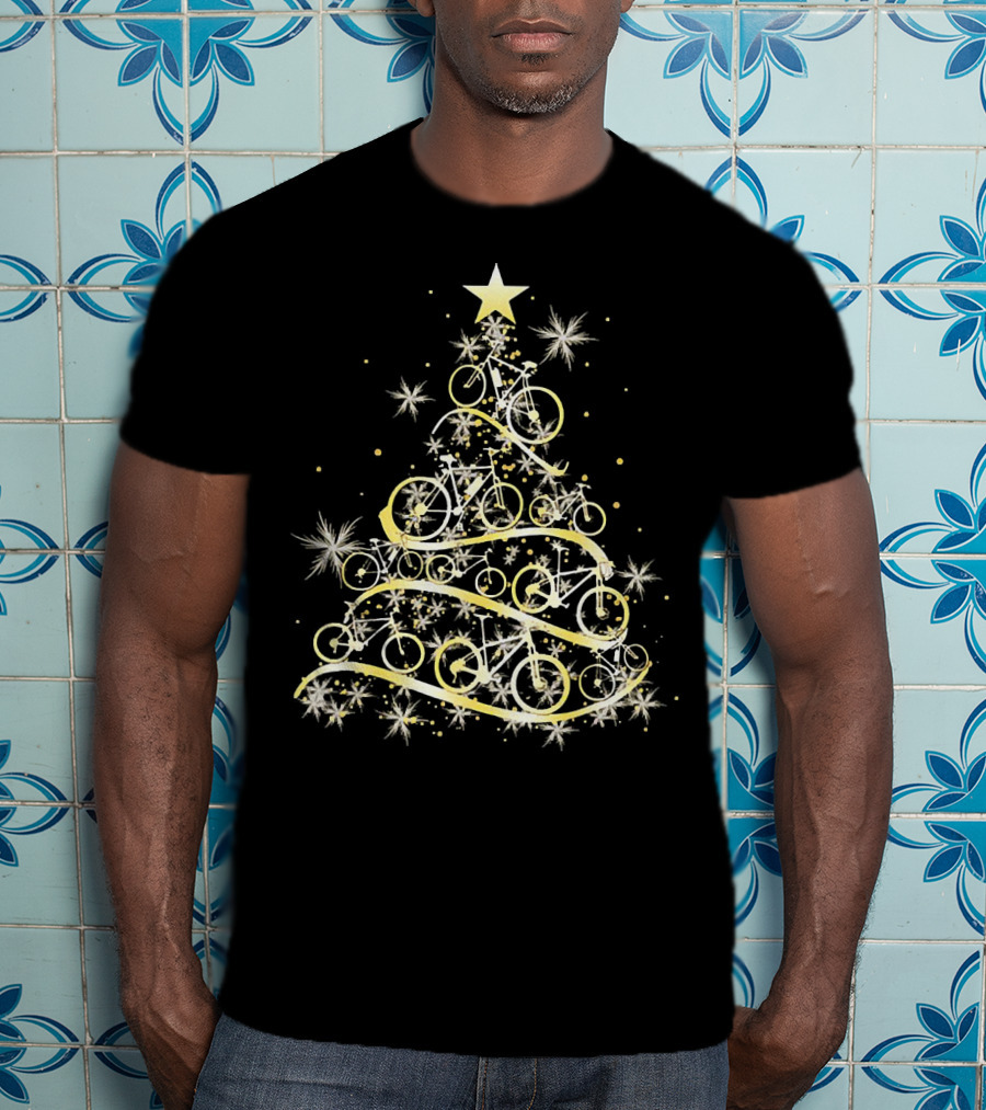 Bicycle Tree Christmas Biker Bike Festive Holiday Star T-Shirt