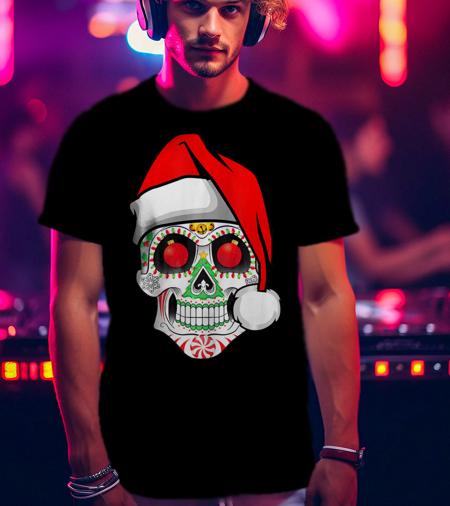 Jingle Jangle Christmas Sugar Skull Santa Hat Peppermint T-Shirt