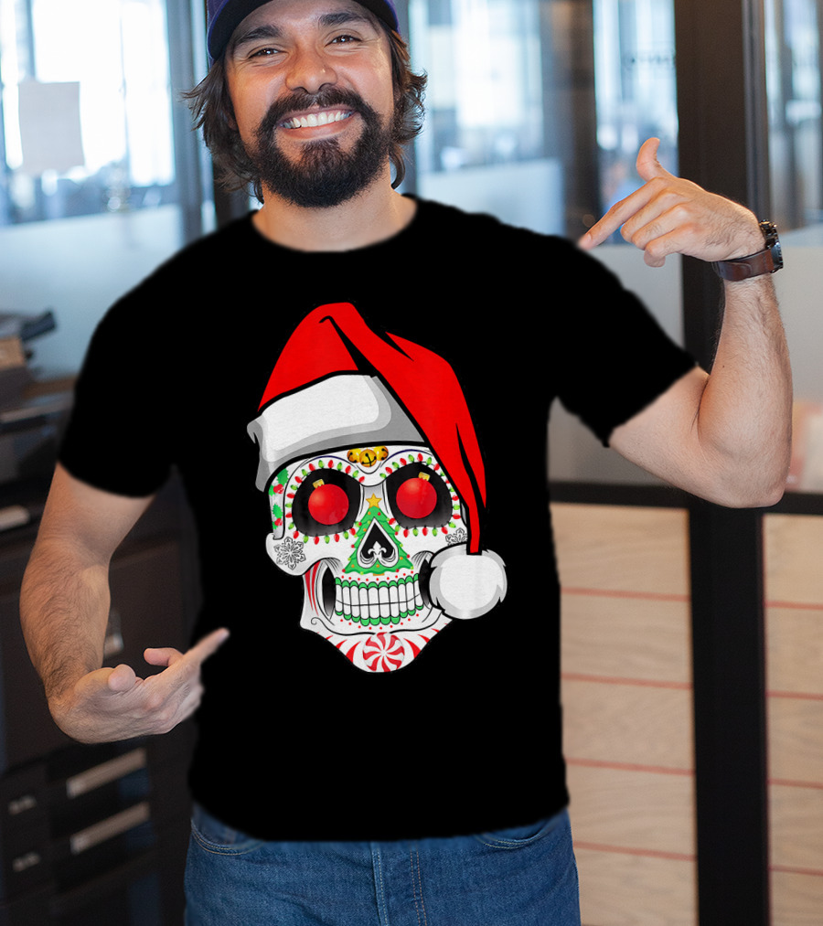 Jingle Jangle Christmas Sugar Skull Santa Hat Peppermint T-Shirt