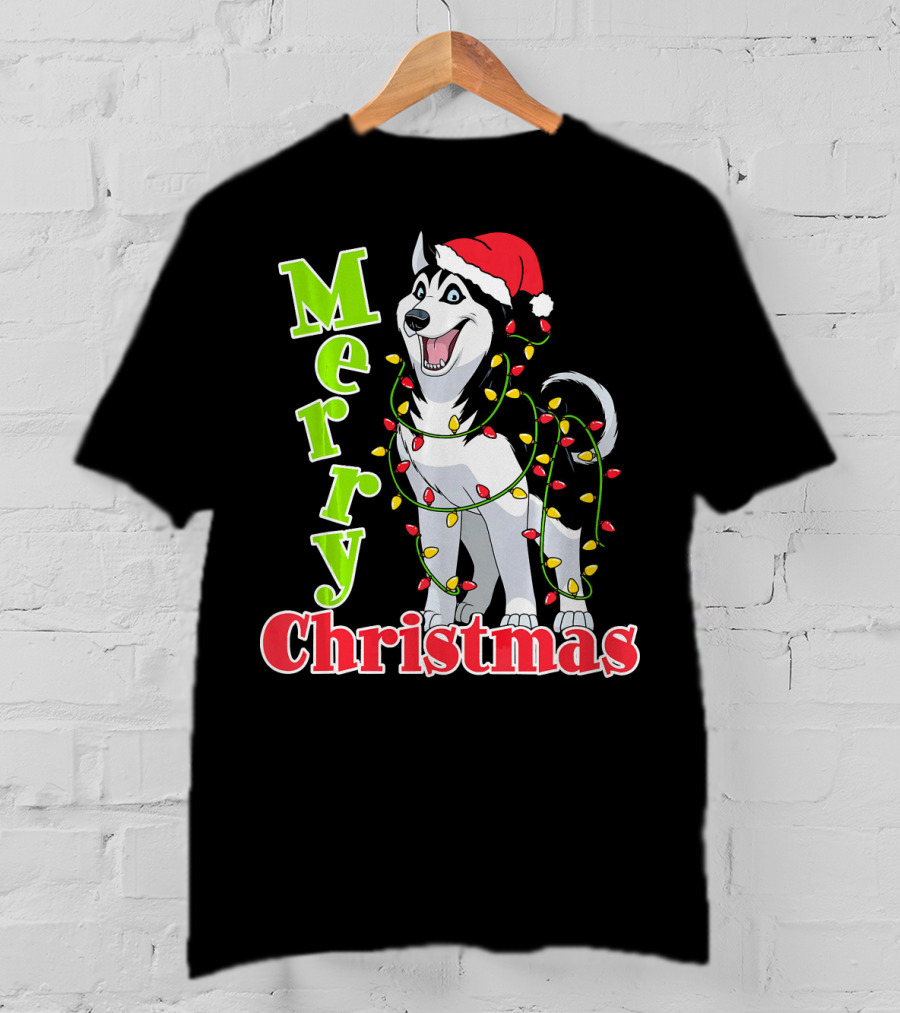 Merry Christmas Husky Festive Lights Holiday Santa Hat T-Shirt