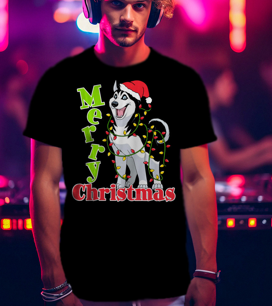 Merry Christmas Husky Festive Lights Holiday Santa Hat T-Shirt