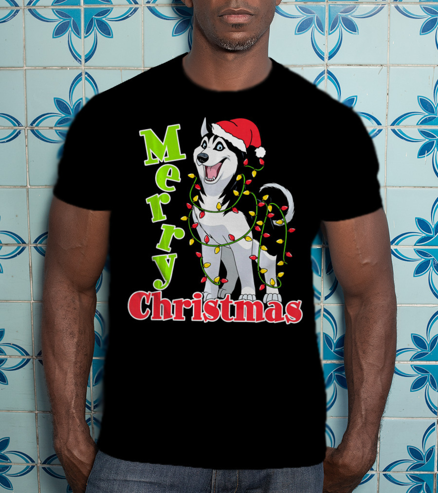 Merry Christmas Husky Festive Lights Holiday Santa Hat T-Shirt