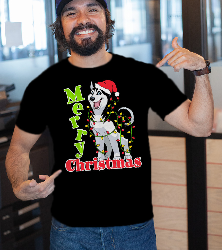 Merry Christmas Husky Festive Lights Holiday Santa Hat T-Shirt