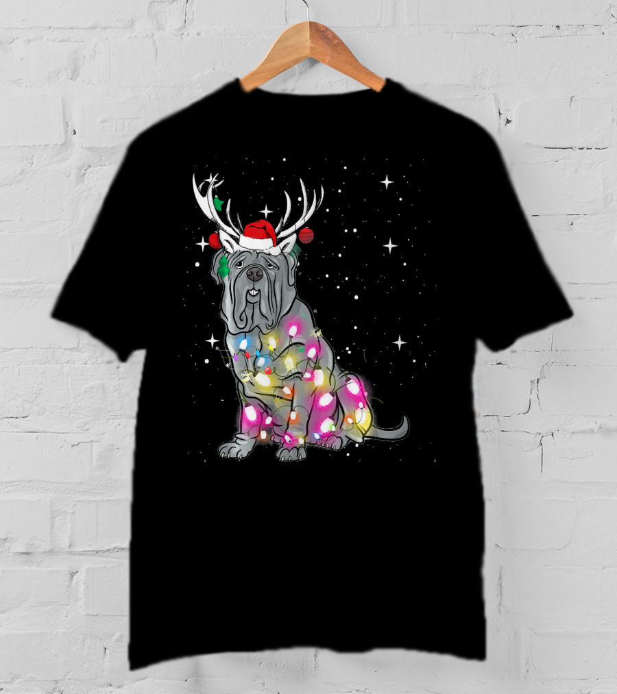 Neapolitan Mastiff With Christmas Lights And Santa Hat In Snowy Night T-Shirt