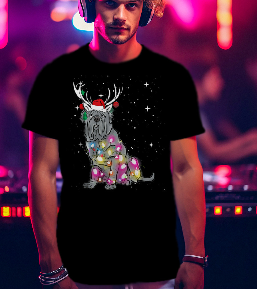 Neapolitan Mastiff With Christmas Lights And Santa Hat In Snowy Night T-Shirt