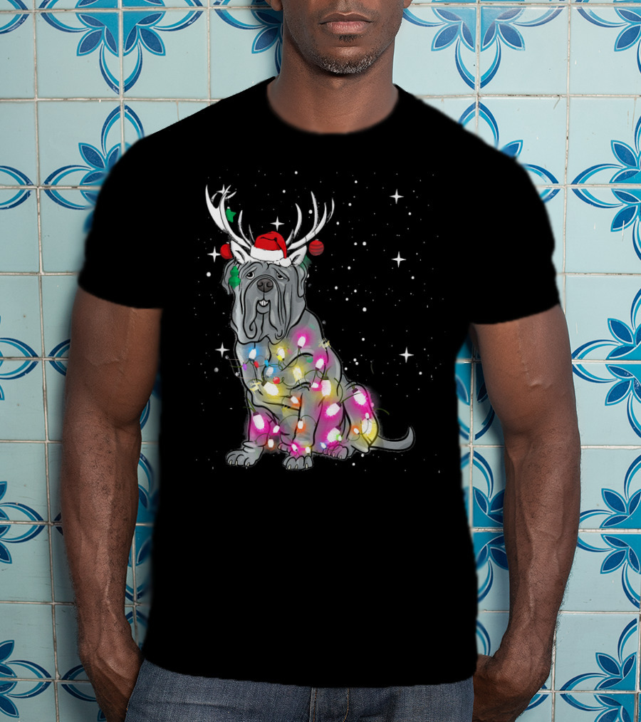 Neapolitan Mastiff With Christmas Lights And Santa Hat In Snowy Night T-Shirt