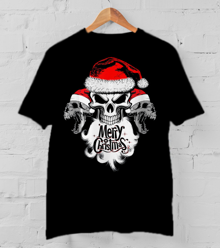 Merry Christmas Funny Skull Santa With Santa Hat And Beards T-Shirt