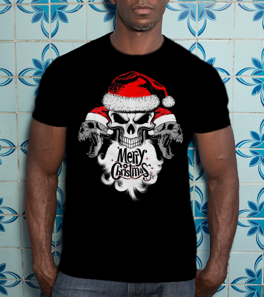Merry Christmas Funny Skull Santa With Santa Hat And Beards T-Shirt