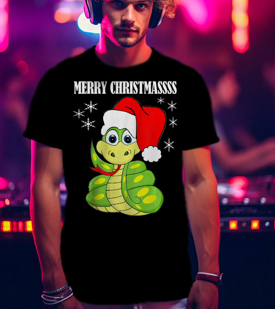 Merry Christmassss Snake Cute Snak Santa Hat Snowflakes T-Shirt