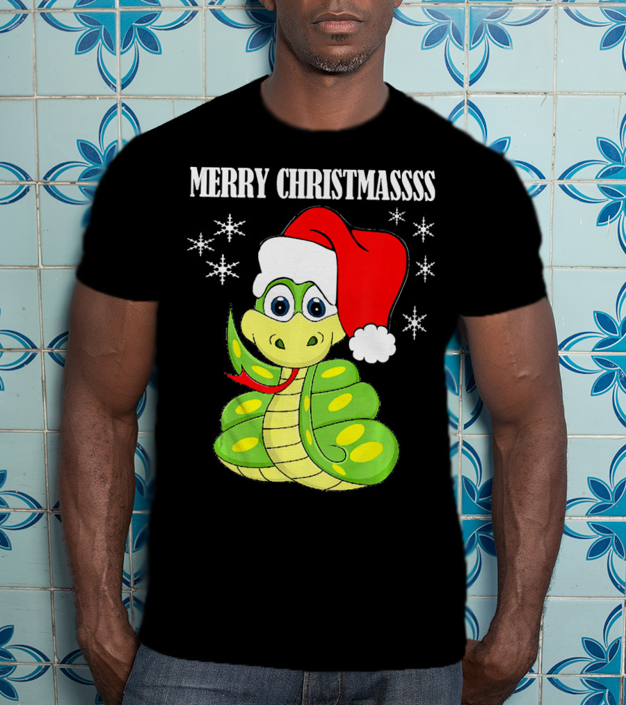 Merry Christmassss Snake Cute Snak Santa Hat Snowflakes T-Shirt