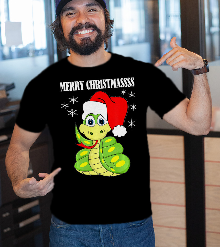 Merry Christmassss Snake Cute Snak Santa Hat Snowflakes T-Shirt