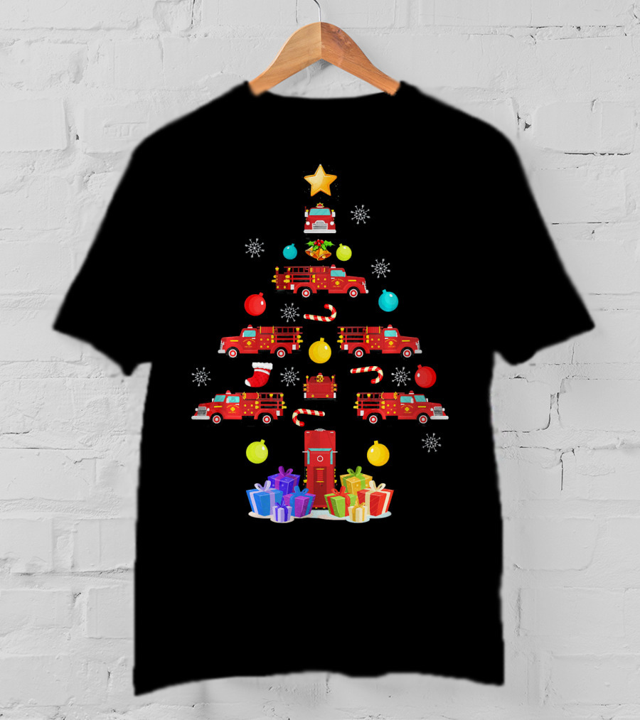 Funny Firefighter Christmas Tree Ornament Fire Truck Star Gifts T-Shirt