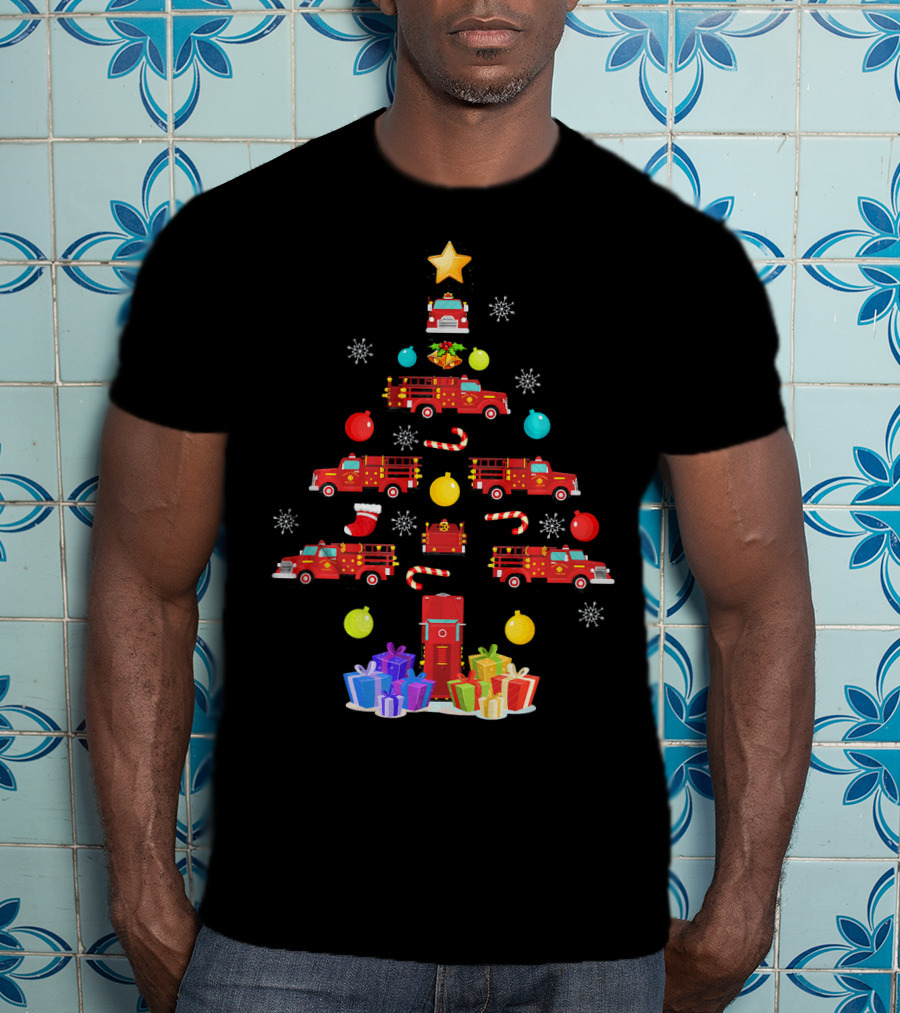Funny Firefighter Christmas Tree Ornament Fire Truck Star Gifts T-Shirt