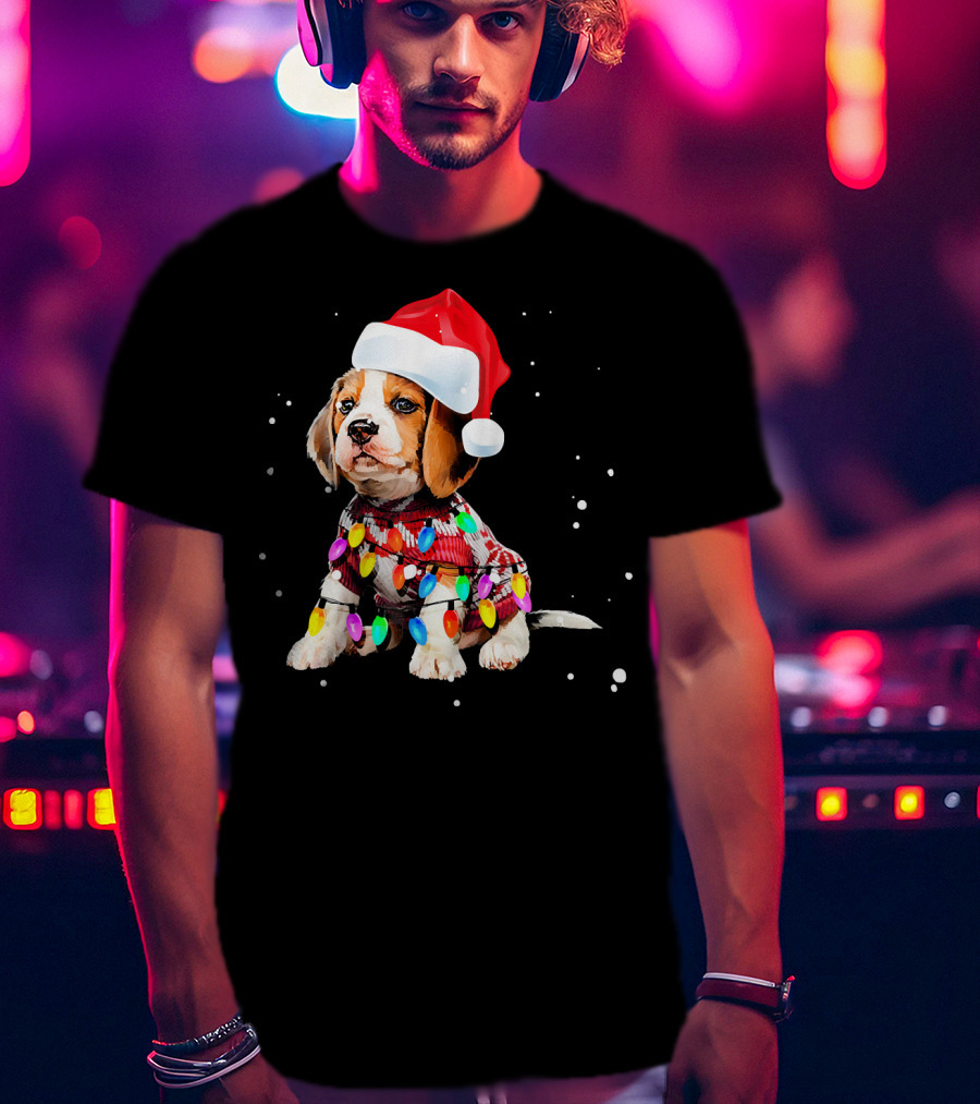 Santa Hat Beagle Wrapped In Christmas Lights T-Shirt