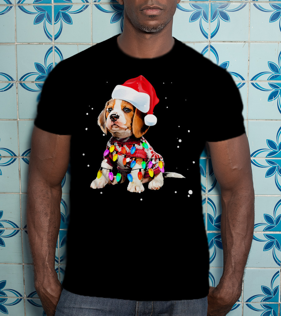 Santa Hat Beagle Wrapped In Christmas Lights T-Shirt