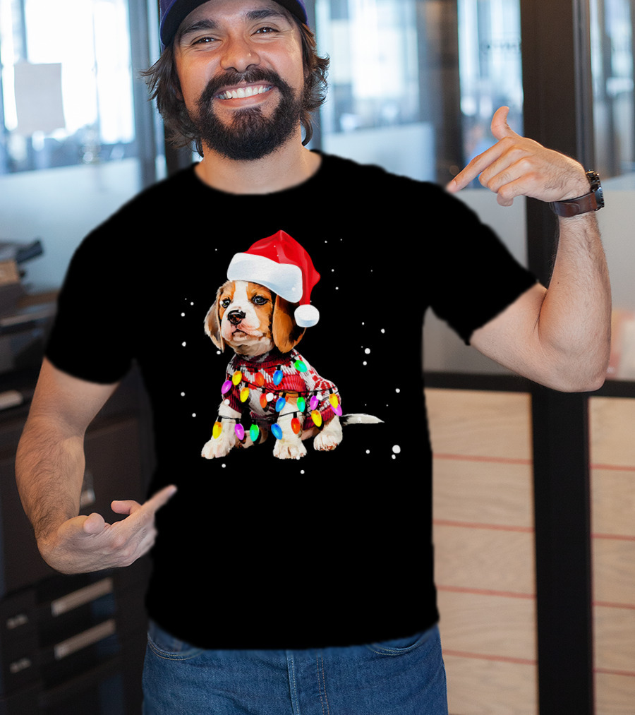 Santa Hat Beagle Wrapped In Christmas Lights T-Shirt