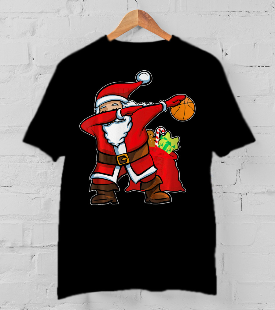 Christmas Dabbing Santa Holding Basketball With Gifts T-Shirt